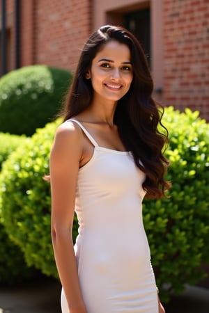 A 35mm frame captures Kalyani Priyadarshini, a stunning woman with an hourglass figure, standing outdoors surrounded by lush green bushes and a rustic brick building. Her radiant smile illuminates her porcelain complexion, accentuating her elegant features. Soft, wavy brown hair caresses her cheeks as she poses effortlessly, highlighting her 38-28-38 size figure. Natural light casts a warm glow on her skin, with the gentle curve of her lips and subtle definition of her eyebrows drawing the viewer in. A hint of transparency reveals a glimpse of her navel, adding mystique to her allure. The camera lens is unobstructed, rendering a crisp, realistic image inviting the viewer to step into this captivating scene.,epicphoto