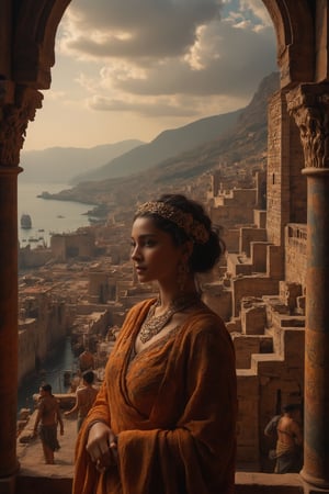 ultrarealistic photography, A resolute Mycenaean queen, draped in a finely woven tunic of saffron-dyed linen and a golden diadem engraved with Minoan spirals, stands on the battlements of her citadel as an enemy army approaches the fortified walls of her city. Behind her, towering cyclopean walls, built with massive limestone blocks, protect the ancient city of Mycenae. Warriors in bronze armor, wielding shields and spears, stand ready for battle. The queen’s gaze is fixed on the distant sea, where ships with black sails signal the coming of invaders. Around her, the rich culture of Mycenaean Greece is evident—the frescoes on the palace walls depict scenes of battle and ritual, and the throne room glows with the faint flicker of oil lamps as her advisors strategize. The sky above is darkening, the air thick with tension, as the last light of day illuminates the mountains that cradle her kingdom.,JoeyKingFlux,NithyaMenonFlux,Size 32 25 34,23 yo women,Mallu.