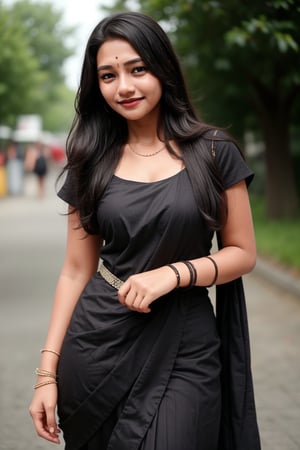 16 years old girl, solo, long hair, looking at viewer, smile, black hair, dsaree , jewelry, standing, necklace, blurry, bracelet, realistic, dark skin 