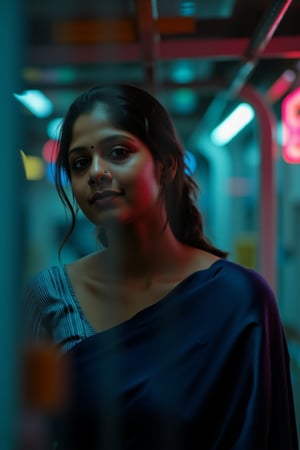 A beautiful mallu women, teal and orange colour lighting in background, futuristic subway, pipeline , wires, light indicators, intricate background, realism,realistic,raw,analog,portrait,photorealistic, taken by Canon EOS,SIGMA Art Lens 35mm F1.4,ISO 200 Shutter Speed 2000,Vivid picture,Mallu beauty, The atmosphere is fun and inviting, featuring colors like black, blue, dark blue, dark purple, gray, light green, purple, and orange. Neon lights in pink, blue, and green illuminate the space, creating a bokeh and Depth of Fieldeffect. The focus is on the girl from the torso to the head, captured in a cinematic style with a Sony A7R IV full-frame camera,Mallu beauty,futuristicportrait