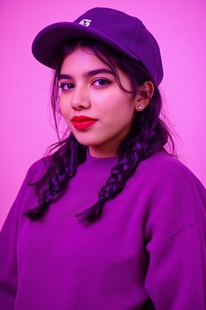 A photorealistic full-body portrait of a stunning 21yo hubggirl with perfect hands. She wears a vibrant purple sweater and double braids adorned with tiny earrings. Her shoulder-length purple hair is styled in intricate braids that cascade down her back. Her eyes are a deep, rich purple, framed by thick eyelashes and subtle makeup. A bold red lip color adds a pop of brightness to the overall gradient background, which transitions seamlessly from pink to purple. The subject's gaze is direct, with a hint of sassiness as she wears a trendy hat and sports a confident smile. Shut up, indeed!,Teenager 