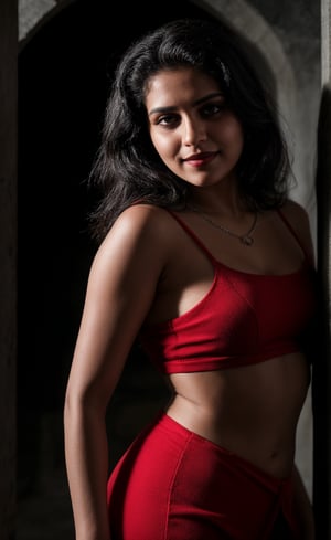 A mysterious figure emerges from the shadows. A 25-year-old woman with brown skin and long, black hair stands confidently, standing:1, spot light on face,  shot from above, side face from above angle, her piercing gaze meeting the viewer's as a gentle smile spreads across her face. She wears a stunning red dress that clings to her curves, its hemline grazing her midriff. A necklace glimmers around her neck, complemented by a bracelet that adorns her wrist. The dim light casts an eerie atmosphere, with the subject's features slightly blurred, as if shrouded in mystery. Spot light Light on face and body:1,  