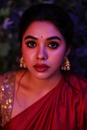 Raw photo of (28yo Kerala Beautiful young woman:1.1, (best quality, highres, ultra-detailed:1.2), This breathtaking photograph, shot on a Canon 1DX with a 50 mm f/2.8 lens, beautifully showcases the raw and authentic beauty of life. high resolution 8k image quality, vibrant colors, glowing dimond, glowing eyes, realistic Raw photo, realistic lighting, traditional Red saree,  exotic beauty, mesmerizing eyes,35mm photo,epicphoto