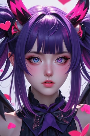 1girl, solo, looking at viewer, blue eyes, twintails, purple eyes, purple hair, heart, wings, horns