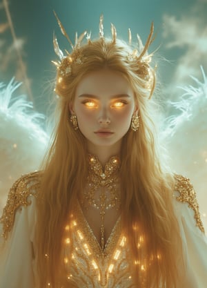 full body shot, young angel woman with yellow detailed eyes and long hair in gold jewelry, big white wings, light painting, futuristic digital, realistic sci-fi, lights, gold detailed dress, gold lashes, diamond, ethereal, misty, holographic, sky with white clouds on background,glitter,Midjourney_Whisper