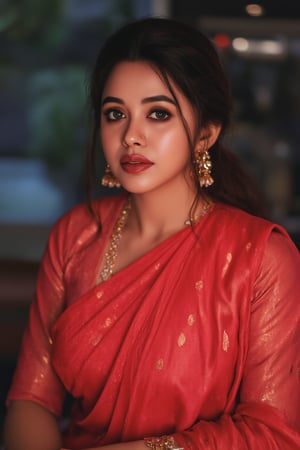 Raw photo of (28yo Kerala Beautiful young woman:1.1, (best quality, highres, ultra-detailed:1.2), This breathtaking photograph, shot on a Canon 1DX with a 50 mm f/2.8 lens, beautifully showcases the raw and authentic beauty of life. high resolution 8k image quality, vibrant colors, glowing dimond, glowing eyes, realistic Raw photo, realistic lighting, traditional Red saree,  exotic beauty, mesmerizing eyes,35mm photo,epicphoto