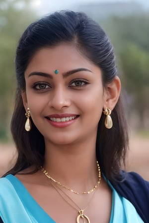 Malayalam movie actress unni mary:1.5, 1girl, solo, long hair, looking at viewer, smile, black hair, jewelry, earrings, outdoors, day, necklace, blurry, lips, blurry background, , realism,portrait,Mallu girl,80' girl