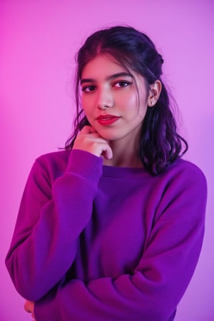 A photorealistic full-body portrait of a stunning 21yo hubggirl with perfect hands. She wears a vibrant purple sweater and double braids adorned with tiny earrings. Her shoulder-length purple hair is styled in intricate braids that cascade down her back. Her eyes are a deep, rich purple, framed by thick eyelashes and subtle makeup. A bold red lip color adds a pop of brightness to the overall gradient background, which transitions seamlessly from pink to purple. The subject's gaze is direct, with a hint of sassiness as she wears a trendy hat and sports a confident smile. Shut up, indeed!,Teenager 