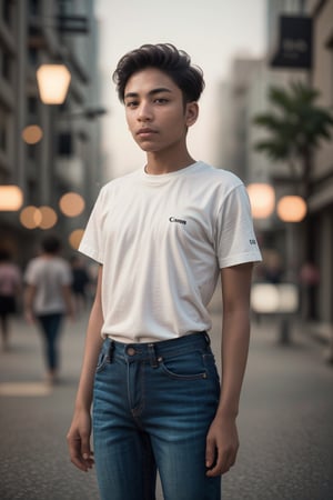 Girl, solo, short hair, white, clean face, shirt, clean shave:1.3,city background, jeans , , short sleeves, black shirt, t-shirt, realistic, best quality, hires, intricate details, reflections, photographed on a Canon EOS R5, 50mm lens, F/2.8, HDR, 8k resolution, ray-tracing,z1l4,realistic,boy