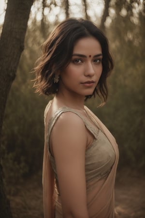 "A 30-year-old woman stands as the central figure in an outdoor scene, captured using a Fujifilm cinematic camera. The dramatic lighting creates deep shadows and striking highlights that enhance the richness of her saree and the smooth texture of her skin. The image is shot with a wide aperture, resulting in a shallow depth of field that beautifully blurs the lush forest background, making her the clear focal point. The low camera angle, looking slightly upwards, gives her an empowering and larger-than-life presence. Every detail, from the folds of her saree to the soft glow of her skin, is rendered in high definition. The natural, soft lighting infuses the scene with a dreamlike quality, adding warmth and elegance to the composition.",photorealistic,Details,Texture,Face texture,Eyes details,Face details,Symmetrical face,Details,Texture,Face texture,Eyes details,Face details 