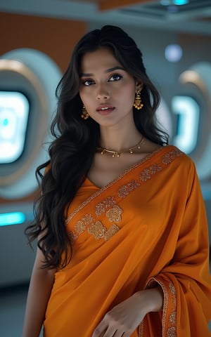 A stunning, realistic photography of a 25-year-old Malayali (Mallu) women , Amala Paul, radiating youthful beauty. She is dressed in traditional Indian attire, featuring a Kerala pattupavada—a beautiful, flowing Kerala gown—and a matching blouse. A delicately draped shawl (sholl) adds an elegant touch to her outfit, highlighting her cultural heritage.

The background contrasts with her traditional look, set inside a futuristic spacecraft with a Mars Effect game theme. The environment is filled with advanced technology, with holographic displays, sleek metallic surfaces, and soft neon lighting that creates an otherworldly ambiance. The lighting subtly illuminates her face, enhancing her natural beauty and creating a blend of old-world charm and futuristic aesthetics.

The overall composition focuses on her serene and graceful presence, emphasizing her traditional attire against the backdrop of a high-tech, space-age setting. This creates a captivating fusion of culture and science fiction, making the image both visually striking and unique.