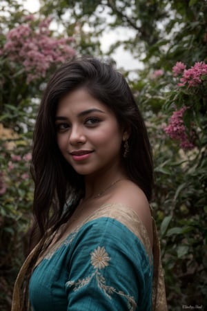 A stunning young woman in a traditional Indian national costume adorned with intricate embroidery and ornaments, beaming with a warm smile as she poses amidst the vibrant blooms of a botanical garden on a radiant sunny day. Her big eyes sparkle like diamonds against the soft, golden light, while the lush greenery and colorful flowers create a lush backdrop for her elegant beauty.,Big eyes ,Plump chubby