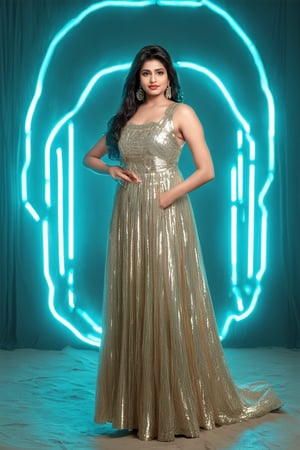 Against a backdrop of vibrant white and cyan neon lights, an Indian woman donning futuristic attire strikes a pose with timeless grace. Her greebled dress shimmers in the radiant glow, as if infused with otherworldly energy. The subtle texture and intricate details are reminiscent of Evgeni Gordiets' style. In the blink-and-you-miss-it moments, hidden secrets await discovery. Rendered in hyper-detailed realism, this image measures 750 pixels square.