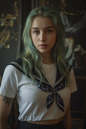 photorealistic portrait of tgirl, (ultra realistic,best quality),photorealistic,Extremely Realistic, in depth, cinematic light, 1girl, sexy pose, (light green hair,multicolored hair), full body shot, school uniform, perfect lighting, vibrant colors, intricate details, high detailed skin, pale skin, intricate background, realism,realistic,raw,analog,portrait,photorealistic, taken by Canon EOS,SIGMA Art Lens 35mm F1.4,ISO 200 Shutter Speed 2000,Vivid picture,Ts Sara Salazar 