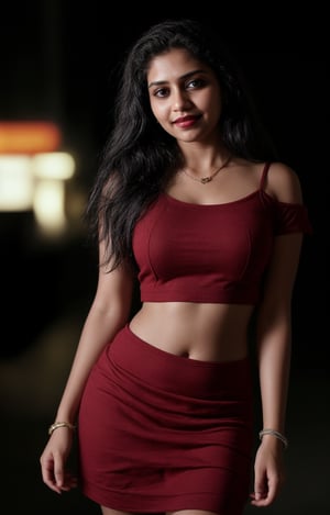 1girl, solo, long hair, looking at viewer, smile, black hair, dress, jewelry, standing, necklace, blurry, Red dress, bracelet, realistic, 28 years old, dark skin , dim light, drak atmosphere, low light , Midriff 