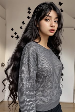 1girl, solo, long hair, hair is so long head to hip black hair, braid, black eyes, twin braids, sweater, lips, realistic 