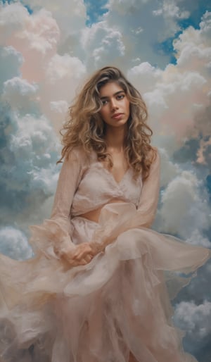 Canvas painting, oil painting, realistic painting, full color, perfect artistic composition, perfect contrast, perfect brightness. Abstract surrealist masterpiece of a very beautiful woman with long light brown curly hair standing among dreamy clouds, reminiscent of the elegant, pure, and beautiful atmosphere in Francesca's works. The style is reminiscent of Veronese painting style.,Details,Skin texture,Sahana15 