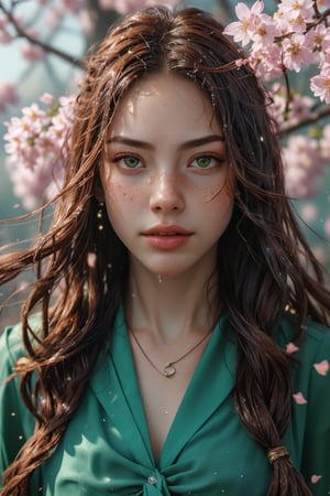 1girl, solo, realistic wet skin, light particle, long hair, looking at viewer, brown hair, jewelry, green eyes, upper body, flower, outdoors, parted lips, day, blurry, lips, petals, depth of field, facial mark, cherry blossoms, wind, freckles, nose, branch, Energy light particle mecha,Light particle,slim fit,Light particles and spark