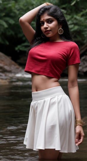 1girl, solo, long hair, skirt, shirt, black hair, jewelry, standing, full body, earrings, midriff, water, blurry, arms up, bracelet, tree, crop top, blurry background, white skirt, red shirt, long skirt, rock, photo background, Indian traditional dress 