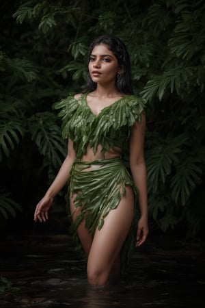 A majestic young woman emerges from the verdant foliage, adorned entirely in a stunning ensemble crafted from delicate Plantain leaves. Red yellow brown colour leafs, Her slender figure is enveloped by a flowing, ethereal gown constructed from thousands of intricately arranged leaves, their gentle curves and soft sheen creating a mesmerizing effect.

The leafy fabric drapes effortlessly around her lithe physique, the subtle rustling of each leaf underscoring the gentle movement of her body as she moves. Her private areas are discreetly concealed by a delicate leafy barrier, its edges carefully positioned to maintain modesty while still showcasing the natural beauty of the surrounding foliage.

The soft, golden light of the sun filters through the leafy canopy above, casting dappled shadows across her skin and illuminating the intricate patterns of the Plantain leaves. A sprinkling of dew-kissed droplets glistens on the leaves, imbuing the overall scene with a serene, idyllic quality.

As she stands within this natural setting, the young woman's presence seems almost an extension of the surrounding vegetation, as if she has been organically grown from the very earth itself. The Plantain leaf costume appears not only beautiful but also eerily lifelike, blurring the lines between her and the natural world around her.,Blossom lady 