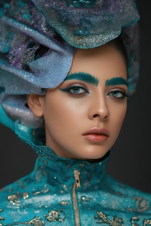 A hyper-realistic portrait of a stunning supermodel, featuring a beautifully detailed face with intricate. The image blends futuristic and traditional elements with a neo mode, avant-garde style, characterized by delicate and sleek lines, vibrant colors, and exquisite details. The model’s eyes captivate with complex colored irises, while her unique, crazy hairstyle adds to the surreal and mysterious charm. The overall composition is symmetrical and fluid, with an ethereal and timeless aura. The interplay of light and shadow enhances the high-fashion aesthetic, capturing the essence of cyberpunk and folklore in a visually striking and artistic statement,  Midjourney_Whisper,Details,Skin texture 