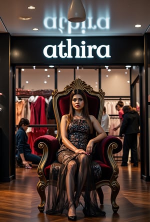 create me something beautiful, sexy, A beautiful woman, dressed in high fashion, sits on a throne in a luxurious boutique shop, surrounded by perfect cinematic lighting. Behind her, the shop's name "athira" is displayed in oversized glowing letters, commanding attention. Girls in the background casually explore the dresses on display. The scene highlights both the elegance of the boutique and the glowing, bold shop name.,Enhanced all,madona Sebastian 