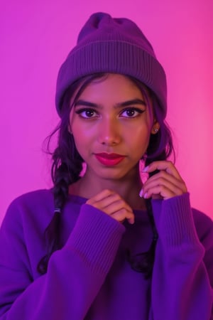 A photorealistic full-body portrait of a stunning 21yo hubggirl with perfect hands. She wears a vibrant purple sweater and double braids adorned with tiny earrings. Her shoulder-length purple hair is styled in intricate braids that cascade down her back. Her eyes are a deep, rich purple, framed by thick eyelashes and subtle makeup. A bold red lip color adds a pop of brightness to the overall gradient background, which transitions seamlessly from pink to purple. The subject's gaze is direct, with a hint of sassiness as she wears a trendy hat and sports a confident smile. Shut up, indeed!,Teenager 