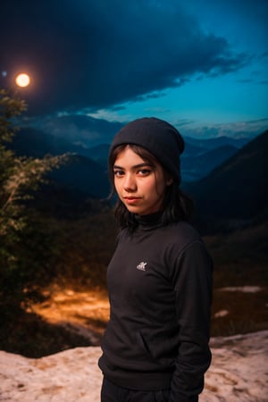 (4k), (masterpiece), (best quality),(extremely intricate), (realistic), (sharp focus), (cinematic lighting), (extremely detailed),

A young adult girl with long cosmic purple hair.
The girl has a look of pure contentment on her face. 
She is happy and relaxed, and she is enjoying her time.

A meadow on a snow covered mountaintop overlooking a breathtaking valley. The sky is clear blue, and the air is fresh and crisp. The young woman is watching the clouds drift by. She feels at peace with the world, and she is grateful for the beauty that surrounds her. 

She is wearing a pair of yoga pants and a loose-fitting top,
a pair of hiking boots and a beanie.

,flower4rmor
,cloud,neotech,blurry_light_background,DonM4lbum1n,DonMChr0m4t3rr4 ,Detailedface,Pixel art,photorealistic,ghibli style,girl,midjourney,sunset_scenery_background,	 SILHOUETTE LIGHT PARTICLES,fantasy00d,pastelbg