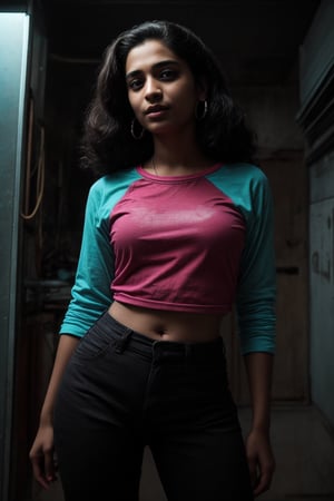 Cyberpunk, Neon glow, masterpiece, high resolution, best quality, 4k, plump face, 1girl, solo, beauty photo, amateur photo, 1girl, eye level, oversized button-up shirt, and hoop earrings, Teal-colored Flat ironed straight, stand pose in locker room,lighting,photorealistic,Curly girl ,redneonstyle,Rebecca ,Mallu girl ,Tamil girl