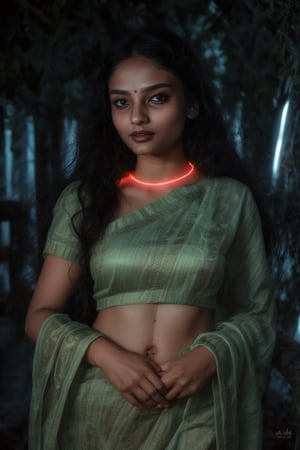 Portrait of a mystical fantasy bioluminescent neon woman. Glamorous fashionable lady in saree. Glowing, Glowing color,Glowing dots and line on body and skin, ,  high resolution 8k image quality,photorealistic,Saree ,NeonST2