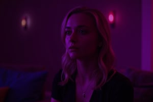 cinematic, A young woman with blonde hair sits in a dimly lit room, illuminated by soft purple and pink lighting. She gazes thoughtfully into the distance, with a bokeh of lights in the background, creating an intimate and contemplative atmosphere., film grain, Short telephoto focal length, shot on ALEXA 65