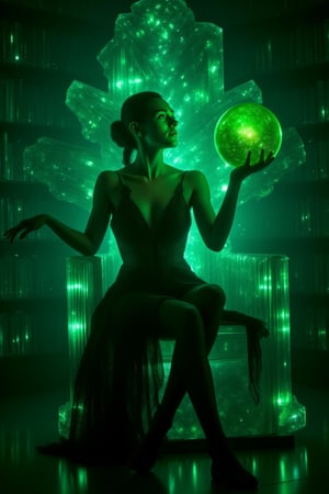 1girl, HKMagic, A beautiful fairy wearing black sheer pantyhose,  with glowing wings is sitting in crystalz throne in magic library as she looks at big green orb of magic and spells. She has detailed facial features and there is a glowing green light in the background with cinematic lighting, fairycore, hkmagic, masterpiece, best quality, highly detailed, sharp focus, dynamic lighting, no shoes, black pantyhose, full body shot,Details,Skin texture 