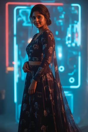 A retro-futuristic portrait of a woman in a long, flowing dress with metallic fabrics and digital patterns, adorned with neon accents. The dress has a vintage silhouette with futuristic elements, creating a blend of old and new. Soft, ambient lighting highlights her elegant features and the intricate details of her attire. The composition frames her in a graceful pose, with a subtle smile, capturing the essence of retro-futuristic style. The background features a blurred, abstract pattern of neon lights and old-school circuitry, enhancing the nostalgic yet innovative atmosphere.,Mallu beauty 