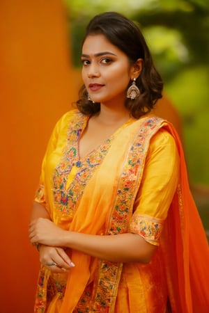 a woman dressed in a traditional Indian outfit stands in front of a vibrant orange backdrop. The woman's outfit is adorned with a yellow blouse, adorned with blue, red, and orange accents. She is wearing a pair of silver earrings, and a ring on her finger. Her hair is styled in a sleek bob, and her eyes are focused on the camera. She has a serious expression on her face, and she is wearing black lipstick. Her left hand is draped over her right shoulder, adding a touch of contrast to her outfit. The backdrop is a combination of green and orange, creating a striking contrast to the woman's body.,Payal