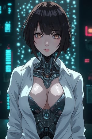 Cyberpunk female android wearing a white shirt, ((The shirt is wet and transparent)),see-through clothes, A cybernetic body can be seen underneath, light reflecting off the mirrored mechanical body, short wavy brown hair, and piercing eyes. Mechanical neck and chest with intricate details. Futuristic background with holographic elements. Anime style, high-contrast lighting, detailed mechanical parts, elegant yet robot-like poses, and a sophisticated and mysterious atmosphere.