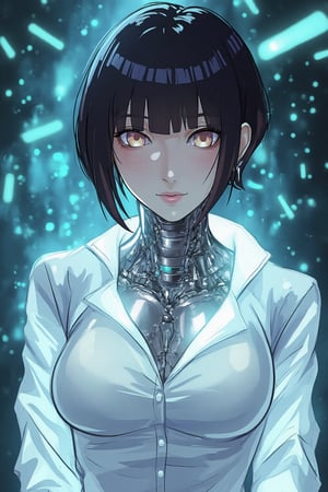 Huyuga hinata, Cyberpunk female android wearing a white shirt, ((The shirt is wet and transparent)),see-through clothes, A cybernetic body can be seen underneath, light reflecting off the mirrored mechanical body, short wavy brown hair, and piercing eyes. Mechanical neck and chest with intricate details. Futuristic background with holographic elements. Anime style, high-contrast lighting, detailed mechanical parts, elegant yet robot-like poses, and a sophisticated and mysterious atmosphere.