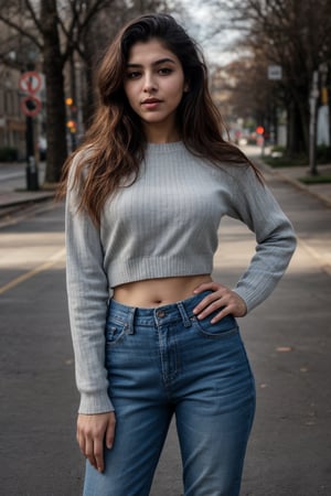 1girl, solo, long hair, looking at viewer, brown hair, shirt, long sleeves, navel, brown eyes, upper body, midriff, striped, pants, blurry, sweater, lips, blurry background, denim, hands on hips, striped shirt, realistic