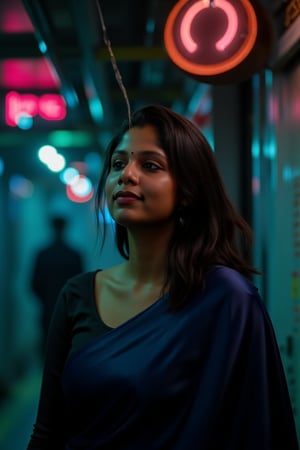 A beautiful mallu women, teal and orange colour lighting in background, futuristic subway, pipeline , wires, light indicators, intricate background, realism,realistic,raw,analog,portrait,photorealistic, taken by Canon EOS,SIGMA Art Lens 35mm F1.4,ISO 200 Shutter Speed 2000,Vivid picture,Mallu beauty, The atmosphere is fun and inviting, featuring colors like black, blue, dark blue, dark purple, gray, light green, purple, and orange. Neon lights in pink, blue, and green illuminate the space, creating a bokeh and Depth of Fieldeffect. The focus is on the girl from the torso to the head, captured in a cinematic style with a Sony A7R IV full-frame camera,Mallu beauty,futuristicportrait