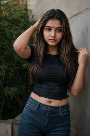 1girl, Kerala beautiful women 18 years old, solo, long hair, brown hair, shirt, t  shaped navel, outdoors, pants, sandals, denim, jeans,  photo background,Tamil girl