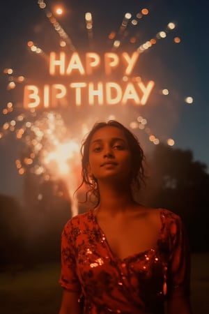 A beautiful 23-year-old birthday girl, standing outdoors under the night sky, looking directly at the camera, fireworks exploding in the sky, spelling out "Happy Birthday" in bright letters, shot on an ARRI Alexa XT cinematic camera, ultra-high-definition, soft lighting highlighting her face and features, joyful expression, cinematic atmosphere, vibrant colors from the fireworks reflecting on her, detailed textures and perfect lighting for a dramatic and celebratory scene.,Size 32 25 34,23 yo women,Mallu.