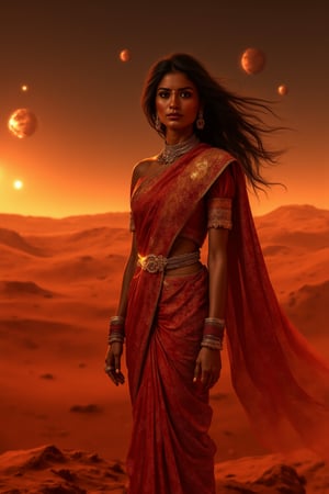 Mars Explorer in Traditional Attire
"A stunning Indian woman stands on the red, rocky surface of Mars, blending elements of her cultural heritage with futuristic technology. Mars rover near She wears a sleek saree, with glowing neon accents:1, customized to reflect traditional Indian motifs, such as intricate gold patterns and a sari-like drape over her shoulder. Her hair wave, mars effect, mars havy sand storm:1.4, revealing a radiant face with sharp, determined eyes. The harsh Martian environment contrasts with her beauty, while the backdrop features the dusty Martian landscape, distant planets, and a futuristic space colony on the horizon. The lighting is dramatic, with warm tones highlighting the red sands of Mars, creating a powerful, cinematic scene captured in ultra-realistic photography."

Details: face texture, perfect eyes, 5 finger on each hands, hair details, costume texture perfect, symmetry, Sharp background,