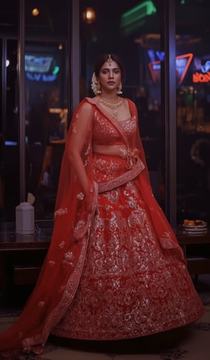 Cool cinematic lighting, matrix movie theam,A stunning Madona Sebastian, dressed in a rich red lehenga with intricate embroidery, paired with heavy gold jewelry She stands against a luxurious Hollywood-style backdrop, with subtle neon accents to emphasize her glamorous attire.,Madona Sebastian 