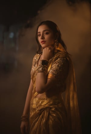 Here's a rewritten prompt that meets the requirements:

A stunning Indian girl, dressed in a traditional saree with intricate patterns and embroidery, poses elegantly against a smokey atmosphere. Softly lit by cinematic lighting, her fair skin glows under the warm glow. Her navel is tastefully visible as the saree wraps around her waist, complemented by a matching blouse with short sleeves and a deep neckline. A maang tikka, jhumka earrings, nose ring, bangles, and anklets adorn her traditional jewelry. Her long, dark hair cascades down her back like a waterfall of night, while her eyes gaze directly into the camera with perfect clarity. The saree's pallu falls softly over her shoulder, creating a sense of depth and dimensionality. Shot on ALEXA 65, this unreal engine creation is rendered in stunning HDR and UHD, with film grain adding texture to the image.