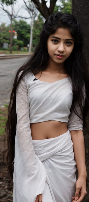 1girl, solo, long hair, black hair, twintails, jewelry, earrings, lips, realistic, navel, beautiful Indian girl, 18 years old girl, outside, beautiful girl walking on the street 