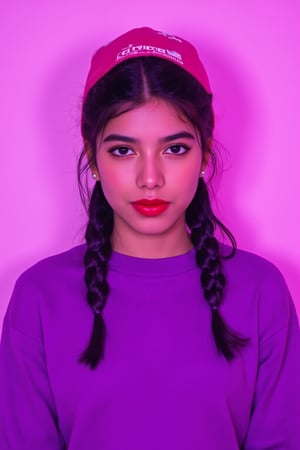 A photorealistic full-body portrait of a stunning 21yo hubggirl with perfect hands. She wears a vibrant purple sweater and double braids adorned with tiny earrings. Her shoulder-length purple hair is styled in intricate braids that cascade down her back. Her eyes are a deep, rich purple, framed by thick eyelashes and subtle makeup. A bold red lip color adds a pop of brightness to the overall gradient background, which transitions seamlessly from pink to purple. The subject's gaze is direct, with a hint of sassiness as she wears a trendy hat and sports a confident smile. Shut up, indeed!,Teenager 