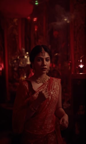 In a dimly lit, smoke-filled room, Madonna Sebastian poses majestically against a lavish, crimson-hued backdrop adorned with gleaming gold accents and subtle neon highlights. Her stunning red lehenga shimmers with intricate embroidery, paired with opulent gold jewelry that catches the eye. The cinematic lighting casts a warm, moody glow, evoking the essence of the iconic Matrix franchise. Madonna Sebastian exudes confidence and glamour, her regal presence commanding attention in this striking, neo-noir inspired setting.