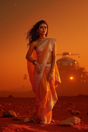 Mars Explorer in Traditional Attire
"A stunning Indian woman stands on the red, rocky surface of Mars, blending elements of her cultural heritage with futuristic technology. Mars rover near She wears a sleek saree, with glowing neon accents:1, customized to reflect traditional Indian motifs, such as intricate gold patterns and a sari-like drape over her shoulder. Her hair wave, mars effect, mars havy sand storm:1.4, revealing a radiant face with sharp, determined eyes. The harsh Martian environment contrasts with her beauty, while the backdrop features the dusty Martian landscape, distant planets, and a futuristic space colony on the horizon. The lighting is dramatic, with warm tones highlighting the red sands of Mars, creating a powerful, cinematic scene captured in ultra-realistic photography."

Details: face texture, perfect eyes, 5 finger on each hands, hair details, costume texture perfect, symmetry, Sharp background,