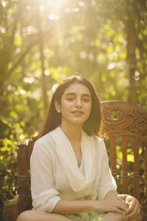 A warm sunlight illuminates Kalyani Priyadarshan's serene expression, set against a soft focus background of lush greenery. Her gentle smile and closed eyes evoke a sense of peace, as she sits cross-legged on a intricately carved wooden bench amidst the tranquil surroundings.