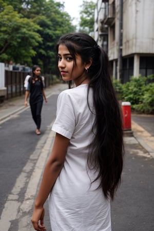 1girl, solo, long hair, black hair, twintails, jewelry, earrings, lips, realistic, beautiful mallu girl, 18 years old girl, outside, beautiful girl walking on the street 