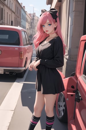 Captured from a low-angle perspective, a girl stands in front of a red fence. The girl is dressed in a black and pink outfit, adorned with a pink bow on her head. Her hair is a vibrant shade of pink, adding a pop of color to the scene. Her eyes are a piercing blue, and her lips are a darker shade of blue. Her hands are clasped in her hands. She is wearing a black necklace with a white pendant. Her socks are adorned with black laces that are tied in a bow at the bottom. The background is blurred, creating a vibrant contrast to the girl 